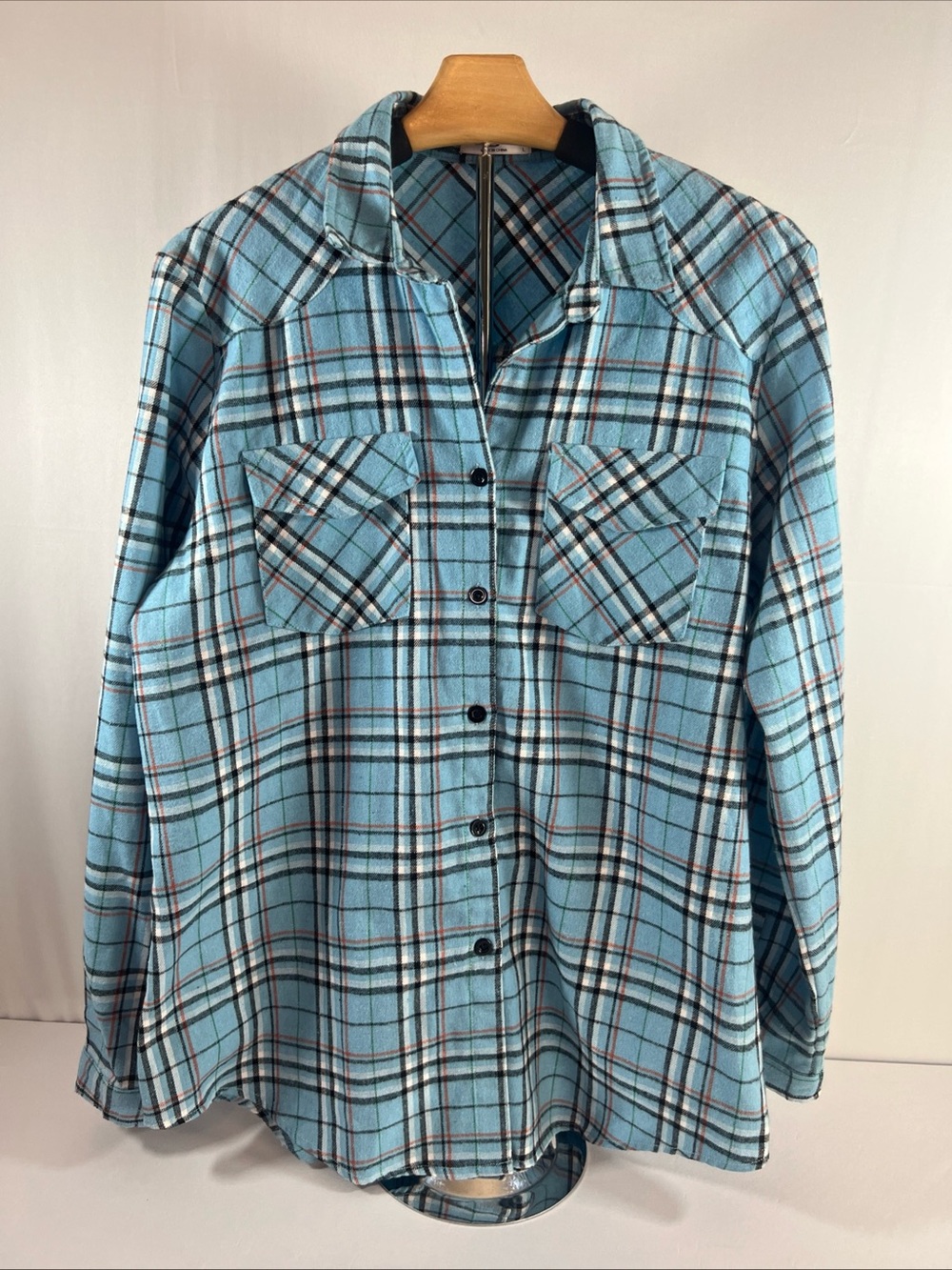Zeagoo Women's Size L Plaid Western Flannel Shirt Long Sleeve Light Blue Casual